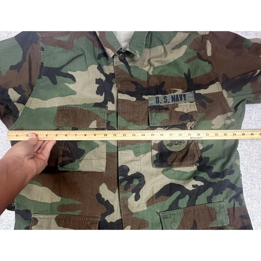 US‎ Navy Jacket Large Long Woodland Camo Field Coat Seabees Patches Military